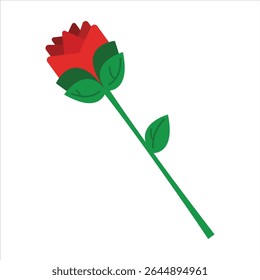 Flat and modern red rose with leaves isolated on white background. Vector illustration in flat style. Perfect for cards, logo, decorations, spring and summer designs. Botanical clipart.