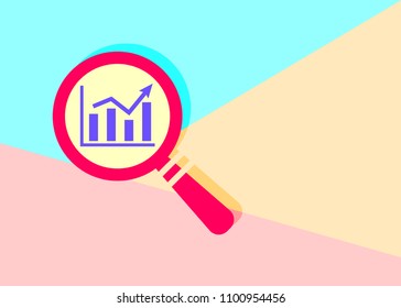 flat modern red search going up graph icon with shadow on blue and pink pastel colored background