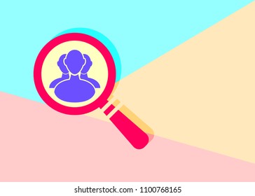 flat modern red search icon with user group people on blue and pink pastel colored background