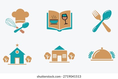 Conjunto de iconos de restaurante plano y moderno que incluye tenedor, cuchillo, plato, sombrero de chef y taza de café. Iconos vectoriales totalmente editables adecuados para el diseño de menús, la marca de cafeterías e ilustraciones de negocios de alimentos.