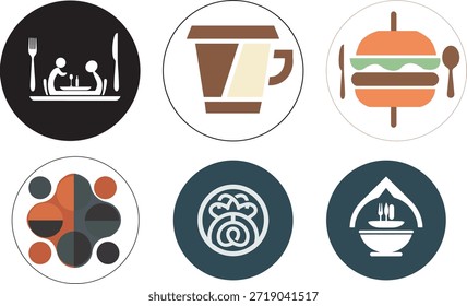 Flat and modern restaurant icon set including fork, knife, plate, chef hat, and coffee cup. Fully editable vector icons suitable for menu design, cafe branding, and food business illustrations.
