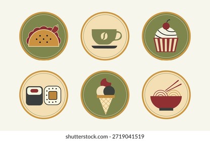 Flat and modern restaurant icon set including fork, knife, plate, chef hat, and coffee cup. Fully editable vector icons suitable for menu design, cafe branding, and food business illustrations.