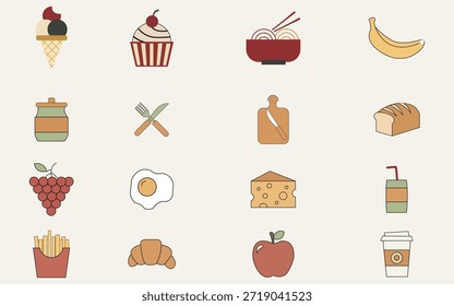 Conjunto de iconos de restaurante plano y moderno que incluye tenedor, cuchillo, plato, sombrero de chef y taza de café. Iconos vectoriales totalmente editables adecuados para el diseño de menús, la marca de cafeterías e ilustraciones de negocios de alimentos.