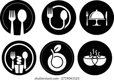 Conjunto de iconos de restaurante plano y moderno que incluye tenedor, cuchillo, plato, sombrero de chef y taza de café. Iconos vectoriales totalmente editables adecuados para el diseño de menús, la marca de cafeterías e ilustraciones de negocios de alimentos.