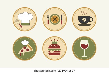Conjunto de iconos de restaurante plano y moderno que incluye tenedor, cuchillo, plato, sombrero de chef y taza de café. Iconos vectoriales totalmente editables adecuados para el diseño de menús, la marca de cafeterías e ilustraciones de negocios de alimentos.