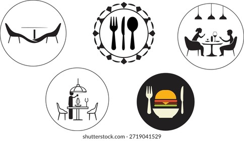 Conjunto de iconos de restaurante plano y moderno que incluye tenedor, cuchillo, plato, sombrero de chef y taza de café. Iconos vectoriales totalmente editables adecuados para el diseño de menús, la marca de cafeterías e ilustraciones de negocios de alimentos.