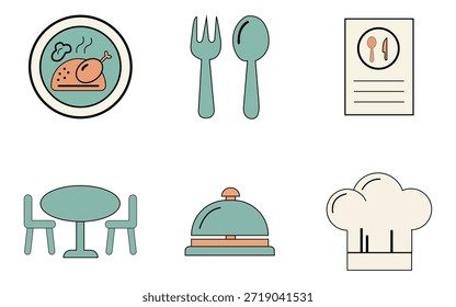 Flat and modern restaurant icon set including fork, knife, plate, chef hat, and coffee cup. Fully editable vector icons suitable for menu design, cafe branding, and food business illustrations.