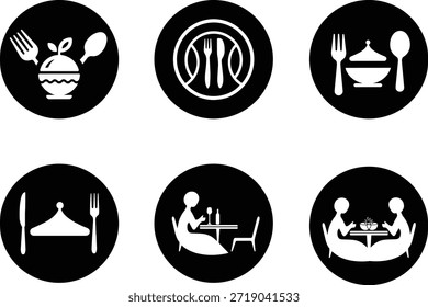 Conjunto de iconos de restaurante plano y moderno que incluye tenedor, cuchillo, plato, sombrero de chef y taza de café. Iconos vectoriales totalmente editables adecuados para el diseño de menús, la marca de cafeterías e ilustraciones de negocios de alimentos.