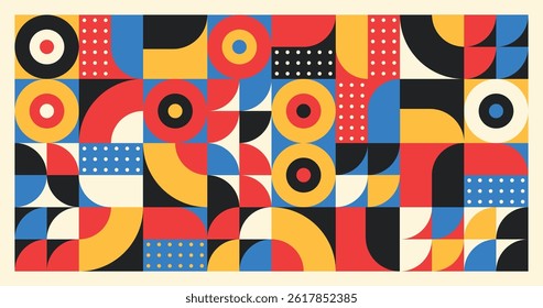 flat modern retro geometric shapes mosaic bauhaus pattern horizontal banner background