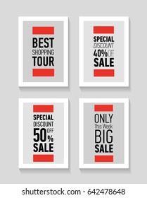 Flat modern sale posters. Best shopping tour. Special discount 50 off sale. Only this week big sale. Discount card design.