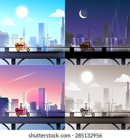 Flat Modern Skyscraper City Scape Pizza Delivery Boy Riding Scooter Bike Over Bridge Scene Set. Stylish Web Banner Collection. Daylight, Night Moonlight, Sunset View, Retro Vintage Picture Sepia.