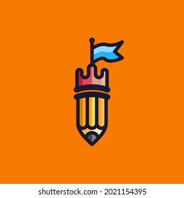 Flat, Modern, Smart, Abstract, Geometric, Cartoon Colorful Pencil Fortress Logo Icon Design Illustration