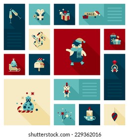 Flat modern style Christmas icon set. Penguin, sale, garland color light, postbox, bear, ring, candle, sparklers, champagne, sledge, present bag, gift box decorations. Holiday web icons collection.