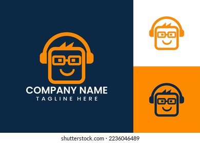 Flat modern template fun emoticon music headphone logo concept vector illustration