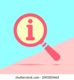flat modern trand magnifying glass with flat info icon on blue and pink pastel colored  background