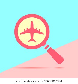 flat modern trand magnifying glass with search airplane pictogram on blue and pink pastel colored  background