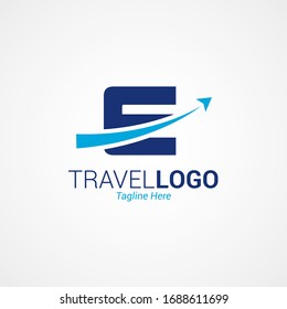 Flat modern travel logo design with capital letter “E”. Simple Airplane templates inspiration for airlines, airplane tickets, travel agencies, and emblems. Blue color isolated on white background.