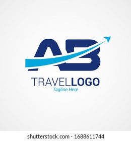 Flat modern travel logo design with capital letter “AB”. Simple Airplane templates inspiration for airlines, airplane tickets, travel agencies, and emblems. Blue color isolated on white background.