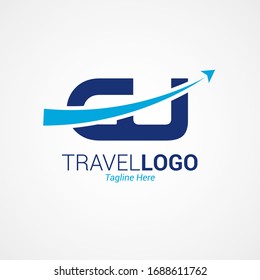 Flat modern travel logo design with capital letter “GJ”. Simple Airplane templates inspiration for airlines, airplane tickets, travel agencies, and emblems. Blue color isolated on white background.
