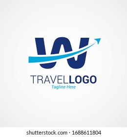 Flat modern travel logo design with capital letter “W”. Simple Airplane templates inspiration for airlines, airplane tickets, travel agencies, and emblems. Blue color isolated on white background.