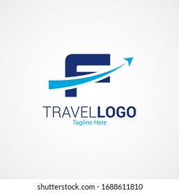 Flat modern travel logo design with capital letter “F”. Simple Airplane templates inspiration for airlines, airplane tickets, travel agencies, and emblems. Blue color isolated on white background.