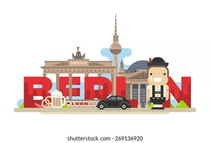 Flat modern vector Berlin, the capital of Germany with tv tower,Bundestag, triumphal arch and Berlin wall