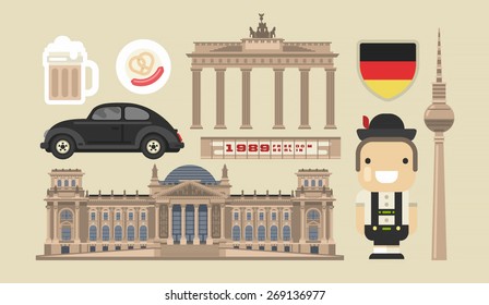 Flat modern vector Berlin, the capital of Germany icons with tv tower,Bundestag, triumphal arch and Berlin wall