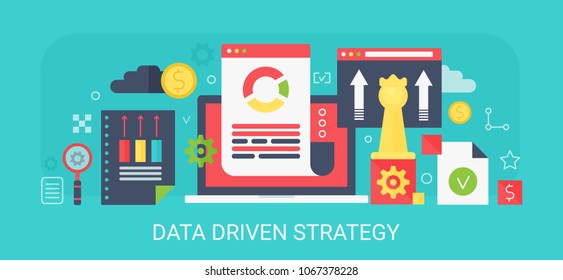 Flat modern vector concept Data Driven Strategy banner with icons and text.