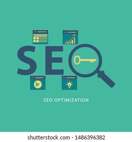 Flat modern vector concept Seo optimization and analytics banner with icons and text.