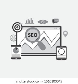 Flat modern vector concept Seo optimization and analytics banner with icons