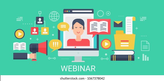 Flat modern vector concept Webinar banner with icons and text.