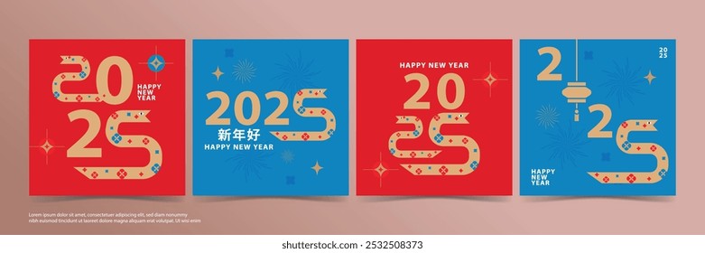 A flat, modern vector design for Chinese New Year 2025. It features the zodiac sign of the Snake and includes numerical elements. The Chinese characters mean 'Happy New Year'.