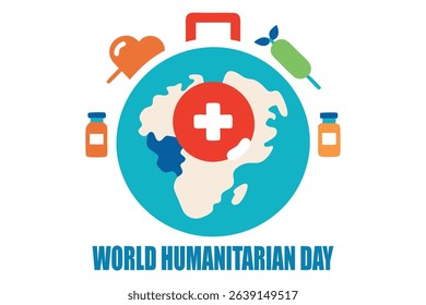 Flat modern vector of Earth encircled by medical kits, food, and rescue icons for World Humanitarian Day. Clean white background with editable elements. Perfect for aid, relief, and awareness themes.