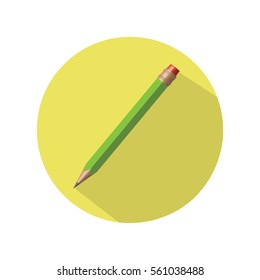 Flat and modern vector icon. Green pencil on circle yellow background.