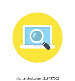 Flat modern vector icon: laptop and loupe.