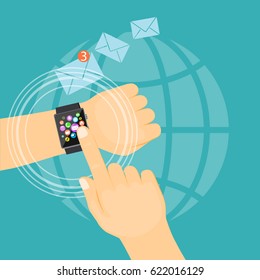 Flat modern vector illustration business concept  with man hand showing e-mail on the smart watch. eps 10.