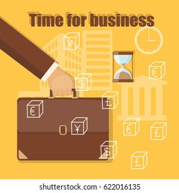 Flat modern vector illustration business concept with briefcase in the hand of businessman and hand drawn currency icons. eps 10.