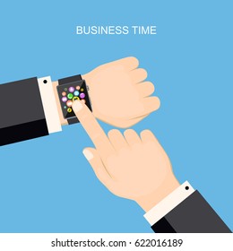 Flat modern vector illustration business time concept with smart watch on the hand of businessman. eps 10.