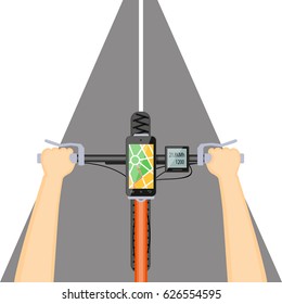 Flat modern vector illustration concept of mobile navigation. Mobile gps app  in the mobile phone  with map, speedometer  and hands on the bike handlebar. eps 10.