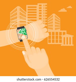 Flat modern vector illustration gps app  on the smart watch on the hand of man with map on the city background. eps 10. 