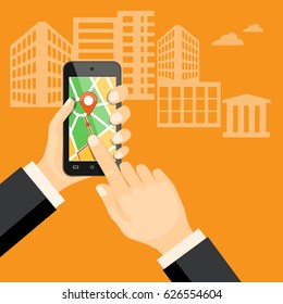 Flat modern vector illustration gps app on the mobile phone in the hand of businessman with map and pointer. eps 10. 
