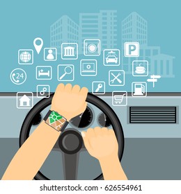 Flat modern vector illustration gps app on the smartwatch on the driver hands holding steering wheel of the car and web icons. eps 10. 