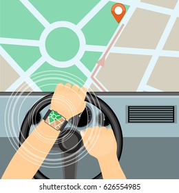 Flat modern vector illustration gps app on the smart watch on the driver hands holding steering wheel  of the car and map with pointer. eps 10. 