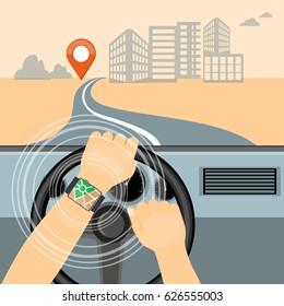 Flat modern vector illustration gps app on the smart watch on the driver hands holding steering wheel  of the car and urban background. eps 10. 