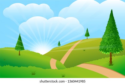 Flat modern vector illustration of a green grassy field, with trees and a rising sun. Vector illustration of a beautiful green landscape.