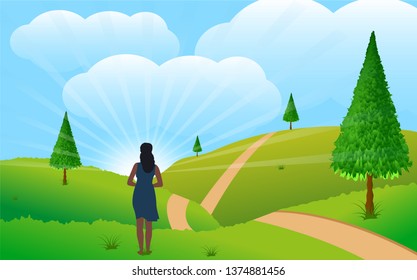 Flat modern vector illustration of a green grassy field, with trees and a girl in blue dress watching the rising sun. Vector illustration of a beautiful green landscape.
