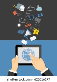 Flat modern vector illustration marketing concept with tablet on the hands of businessman and icons. eps 10.