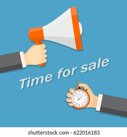 Flat modern vector illustration marketing concept with stopwatch and speaker in the hands of businessman. eps 10.