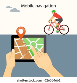 Flat modern vector illustration mobile gps app on tablet in the hands with map,  pointer and riding bike. eps 10.