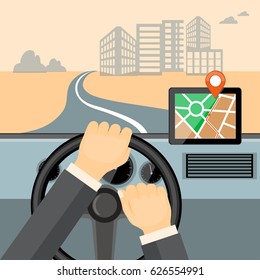 Flat modern vector illustration mobile gps app on the tablet with map,  pointer and driver hands on the steering wheel  of the car. eps 10. 